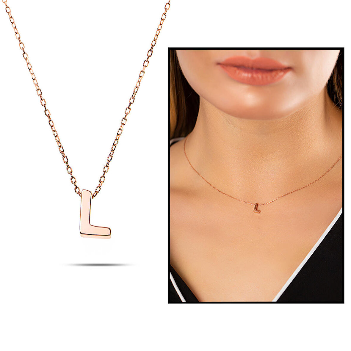 3D Tasarım Rose Renk 925 Ayar Gümüş " L " Harf Kolye