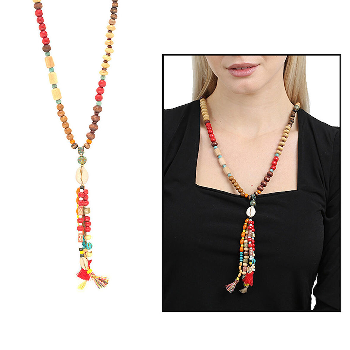 El Yapımı Etnik Ahşap Kombinli Kırmızı Renk Geçişli Deniz Kabuğu Detaylı Otantik Kolye