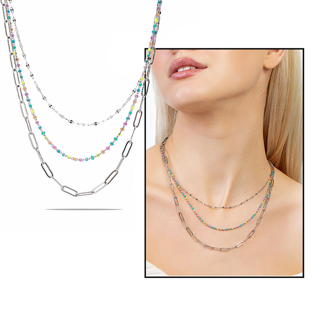 Gümüş Renk Kararmaz Metal Zincirli Mix Renk Doğaltaş Kombinasyonlu 3'lü Kadın Kolye