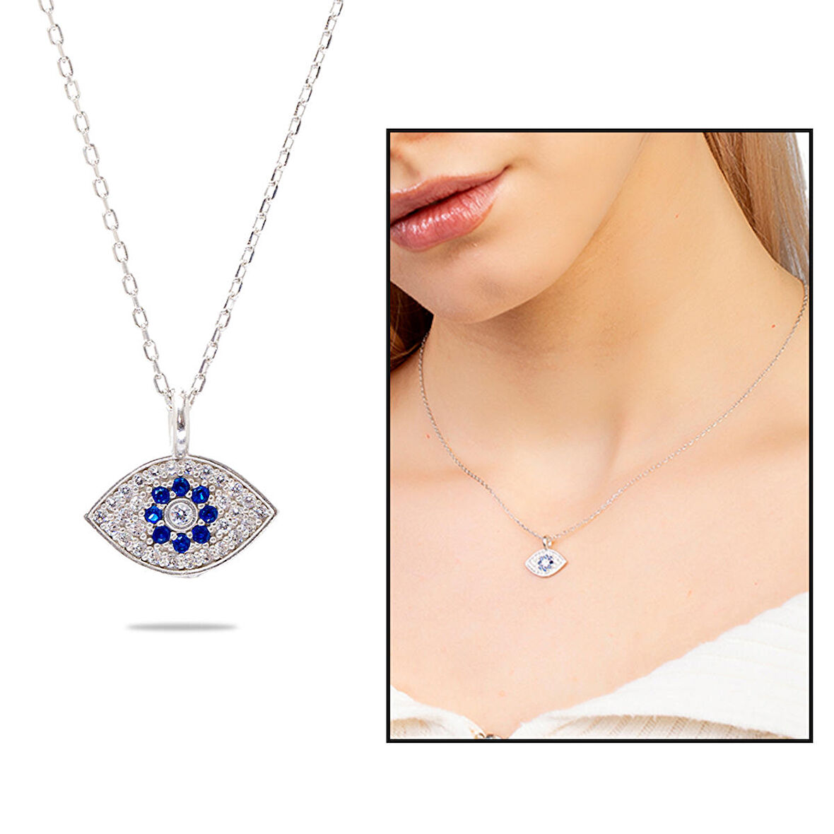 Lacivert-Beyaz Zirkon Taşlı Göz Tasarım Silver Renk 925 Ayar Gümüş Kadın Kolye