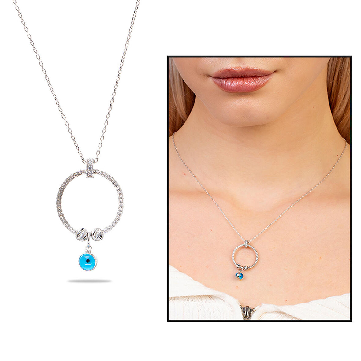 Beyaz Zirkon Taşlı Nazar Boncuğu Detaylı Dorika Top Süslemeli Silver Renk 925 Ayar Gümüş Kadın Kolye