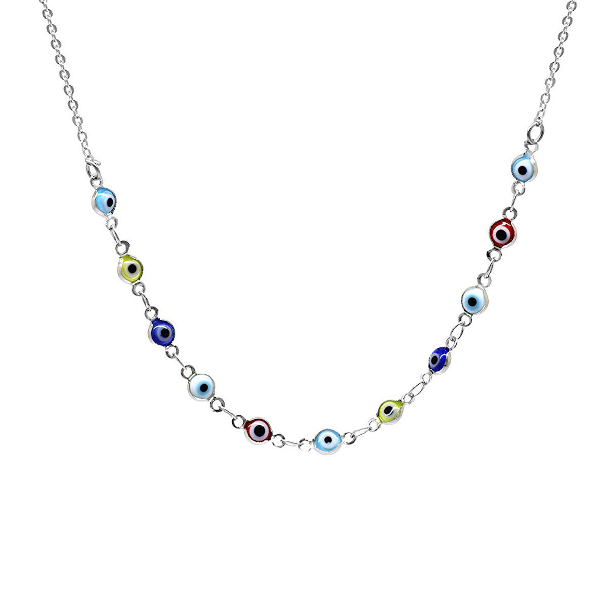 Silver Renk Metal Zincirli Multicolor Mineli Nazar Boncuğu Detaylı Kadın Kolye