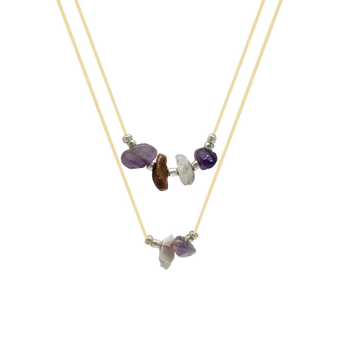 Zarif İp Zincirli Doğal Form  Çoklu Doğaltaş Kombinasyonlu Aslan Burcu Kadın Kolye