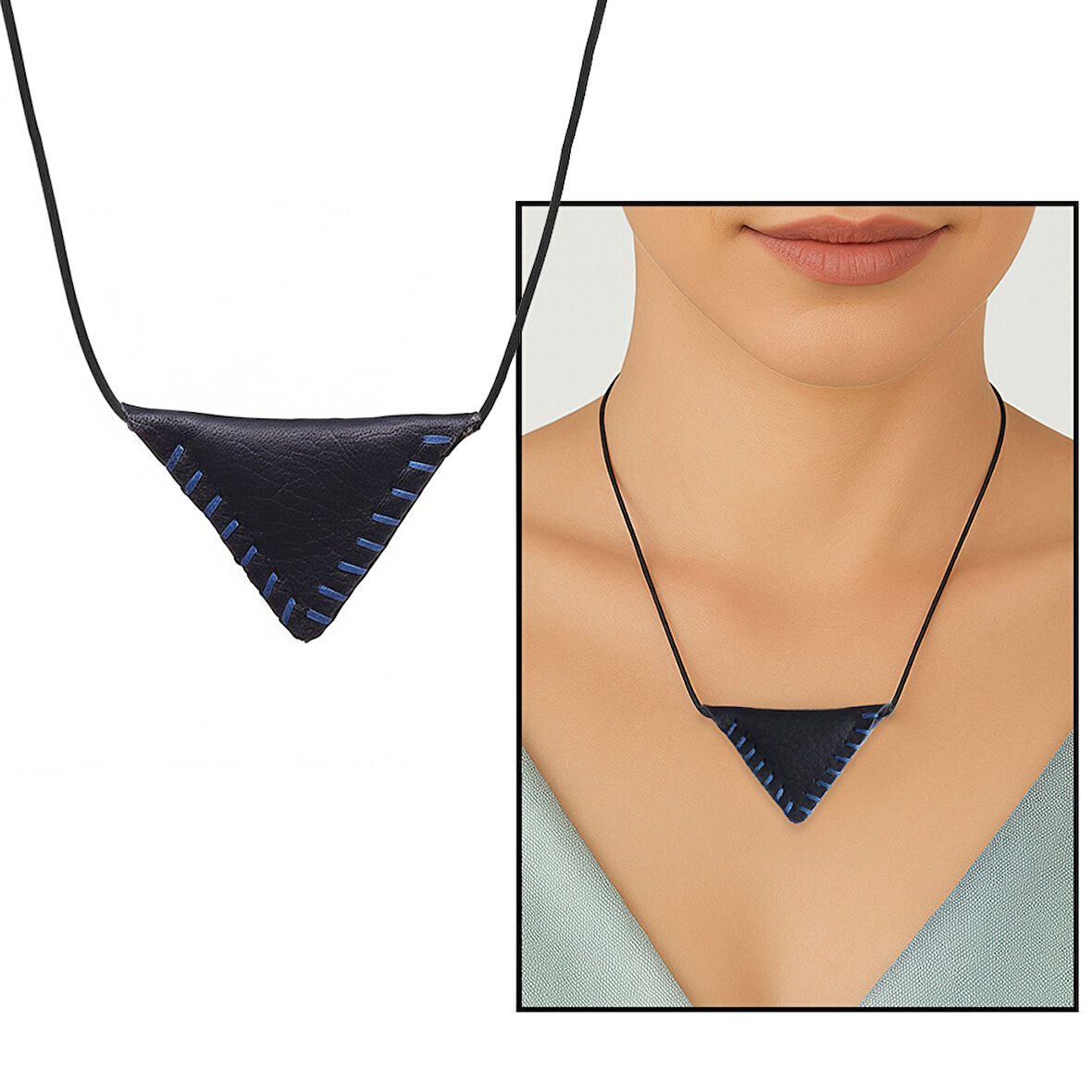 Siyah İp Zincirli Kişiye Özel İsim Yazılı Lacivert Renk Hakiki Crazy Deriden El Yapımı Kadın Cevşen Kolye