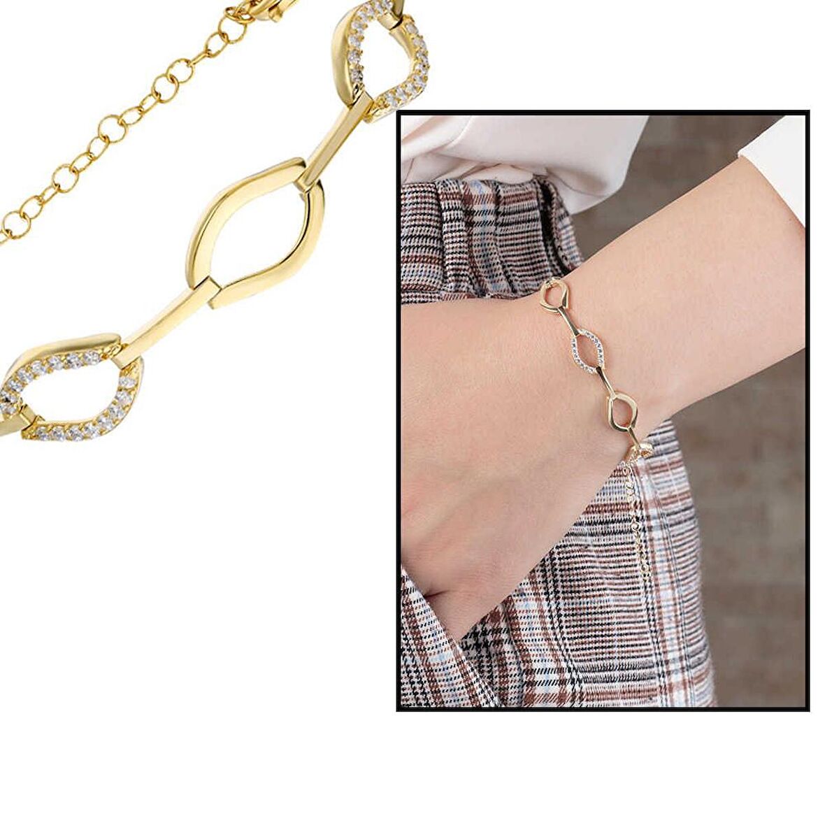 Zirkon Taşlı 6'lı Marina Model Gold Renk 925 Ayar Gümüş Kadın Bileklik