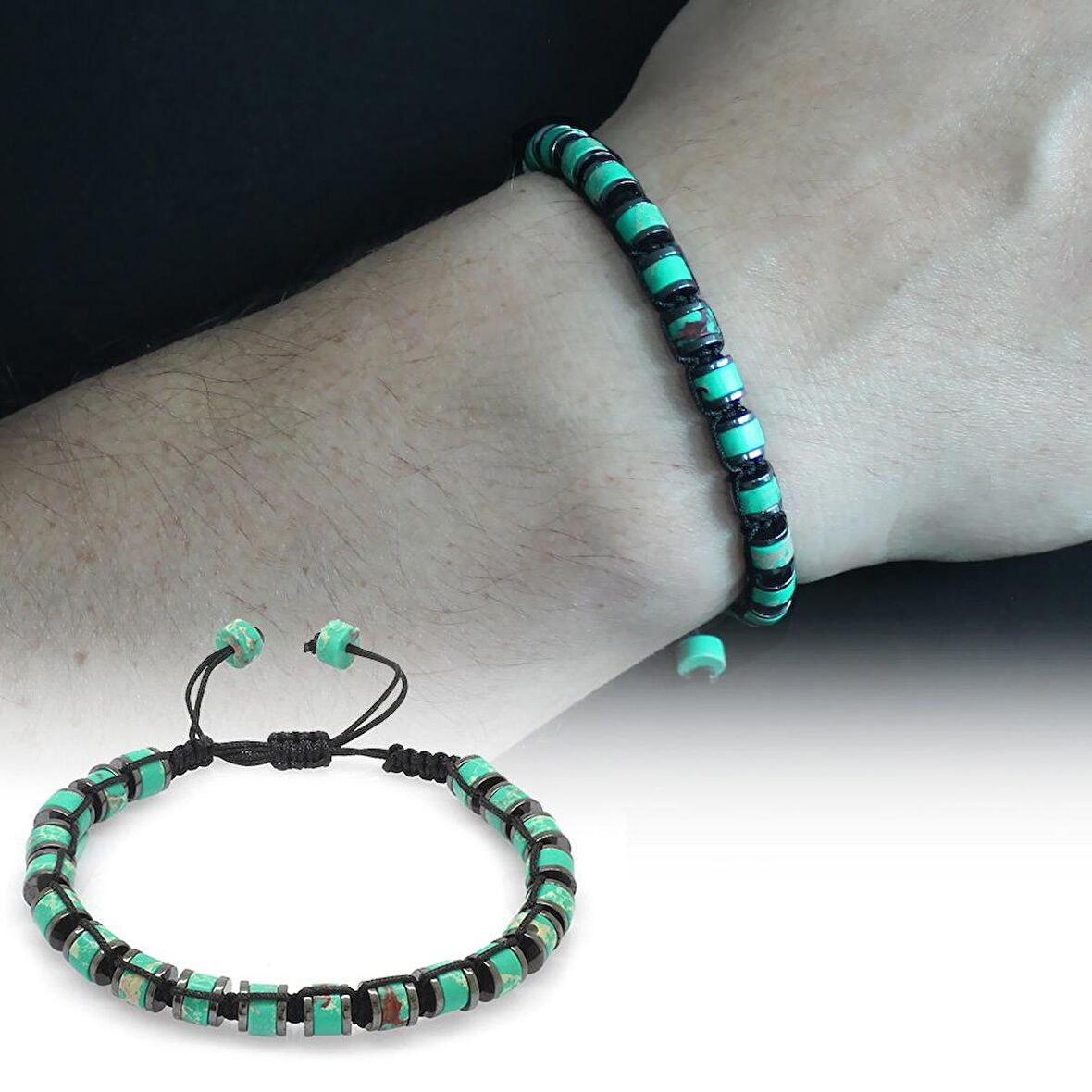 Silindir Kesim Makrome Örgülü Yeşil Varisit-Hematit Kombinli Doğaltaş Erkek Bileklik