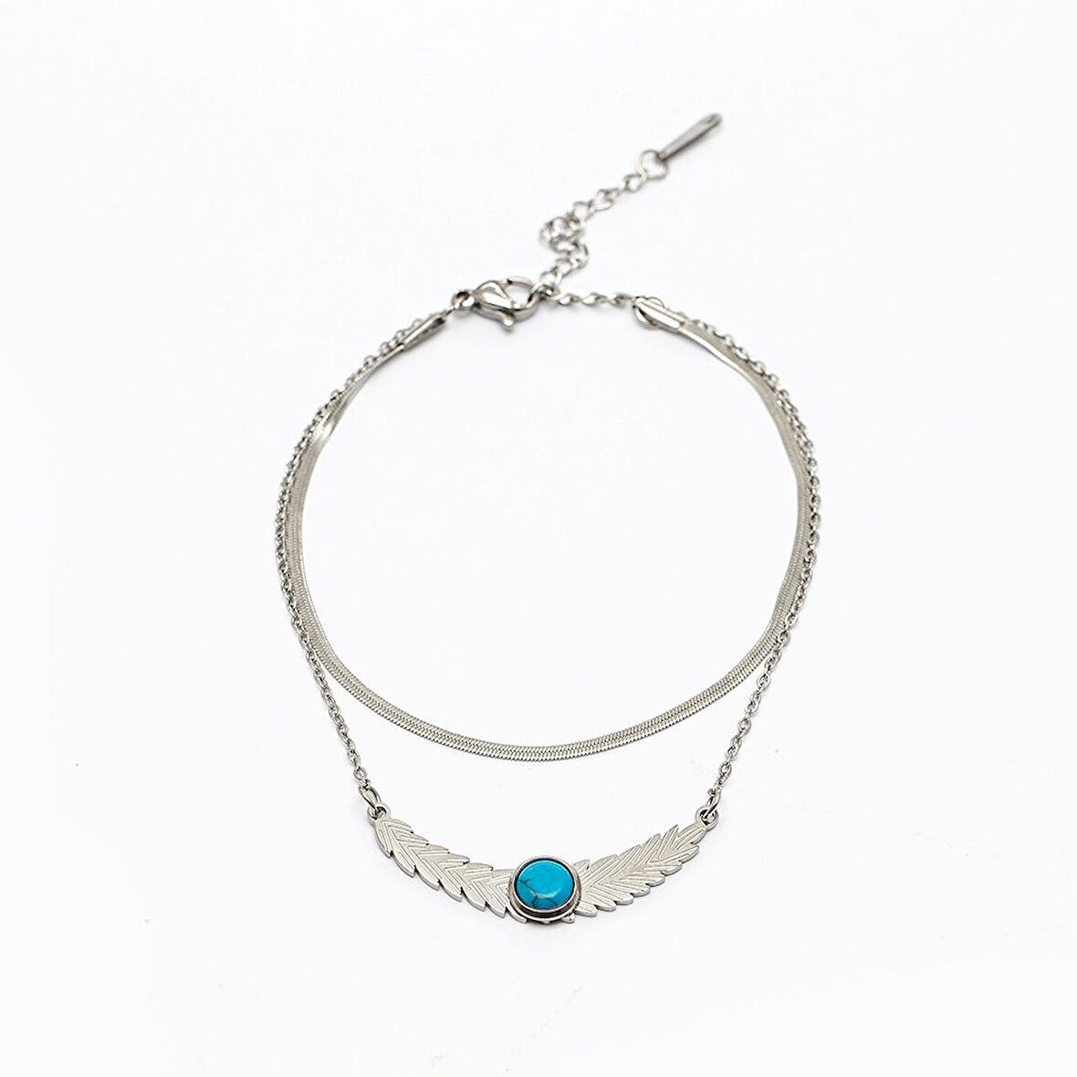 Gümüş Renk Snake Zincirli Firuze Doğaltaş Kombinli Buğday Tasarım Kadın Bileklik
