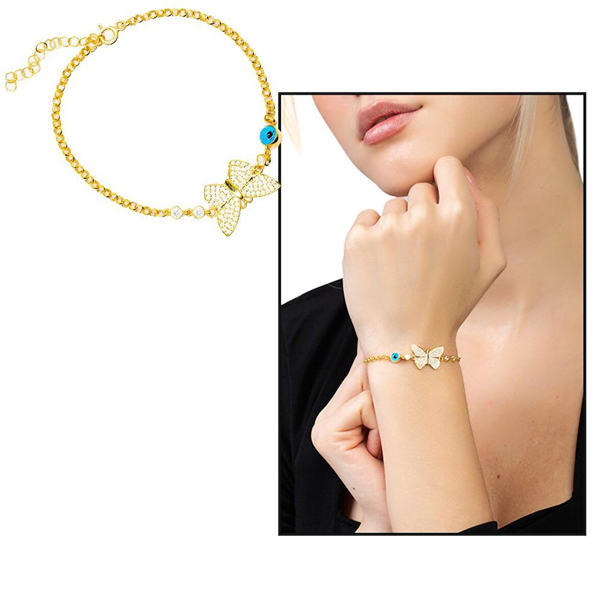 Beyaz Zirkon Taşlı Gold Renk Kelebek Tasarım Nazar Boncuğu Detaylı 925 Ayar Gümüş Kadın Bileklik