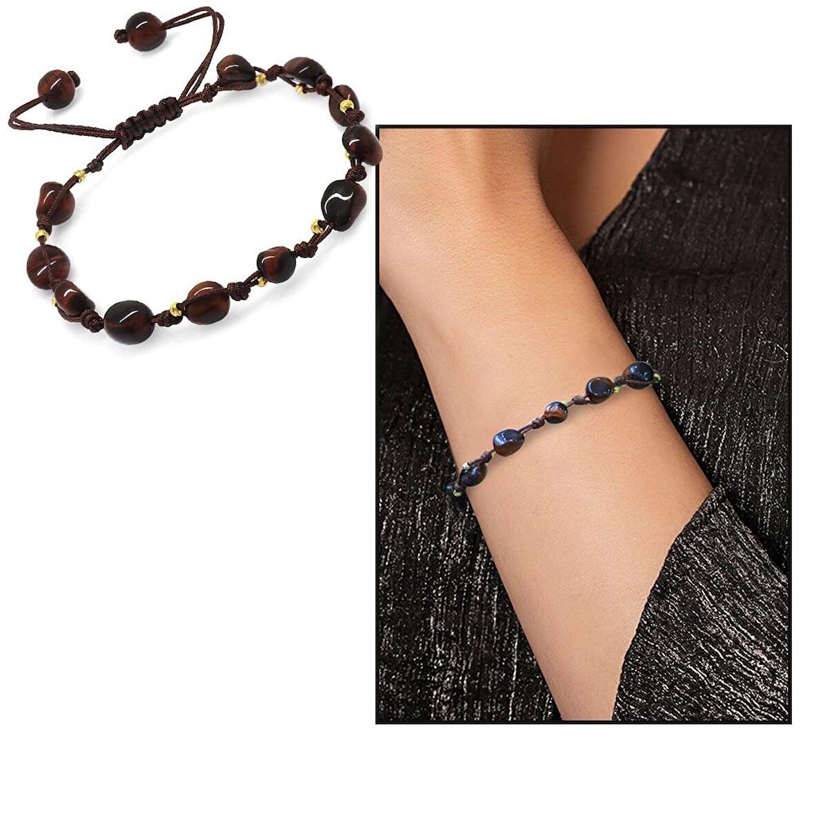 Makrome Örgülü Naturel Kesim Dorika Top Detaylı Koyu Renk Kaplangözü Doğaltaş Kadın Bileklik