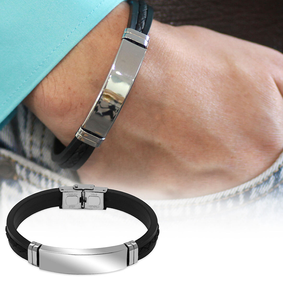 Silikon Kordonlu Silver Renk Çelik Plakalı Siyah İp Detaylı Kişiye Özel İsim Harf/Yazılı Erkek Bileklik