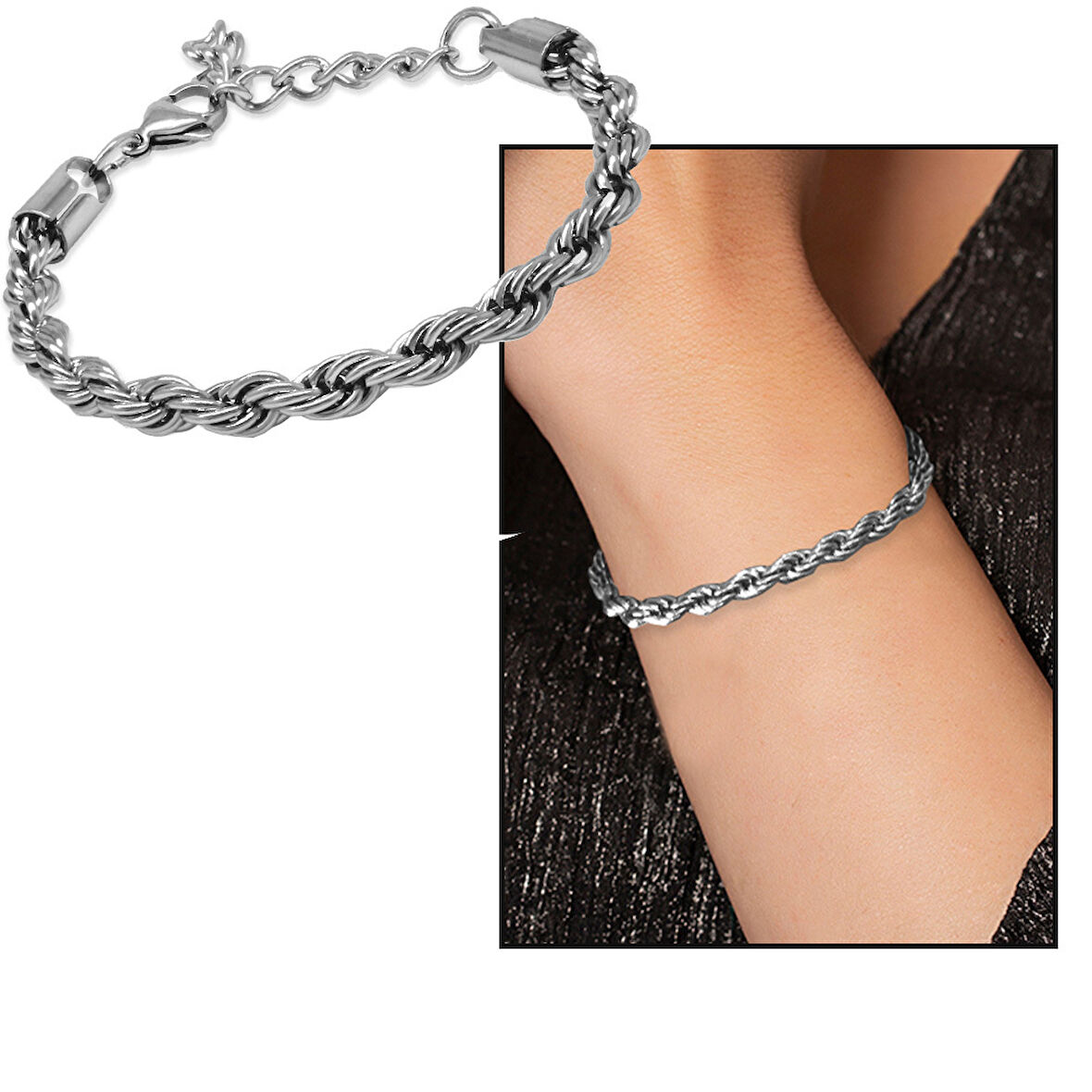 Silver Renk Çelik Kadın Halat Zincir Bileklik