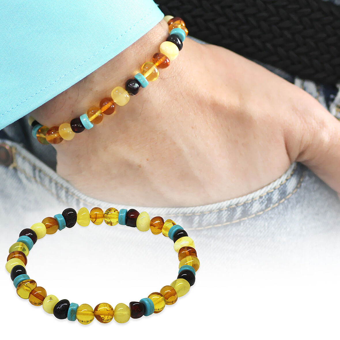 Multicolor Renk Firuze Doğaltaş Süslemeli Natural Form Doğal Damla Kehribar Erkek Bileklik