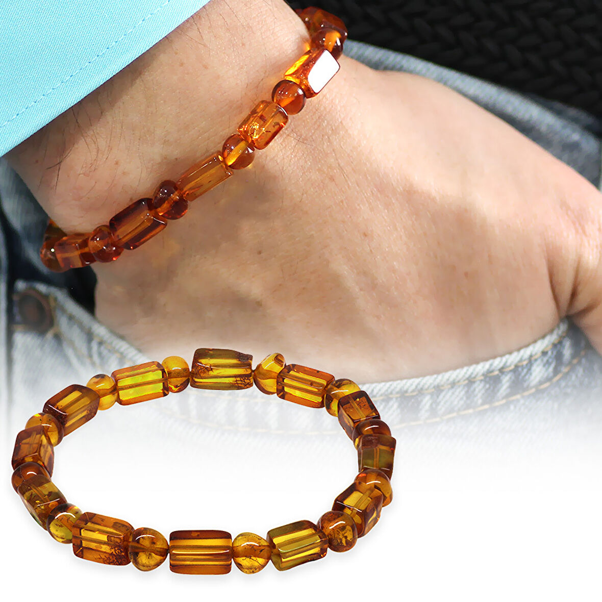 Bal Rengi Silindir Kesim Doğal Damla Kehribar Erkek Bileklik