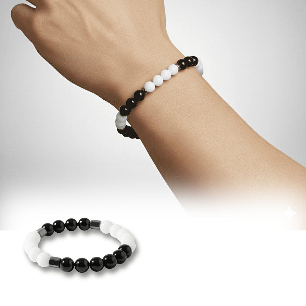 Küre Kesim Siyah Beyaz Jade Oniks Hematit Doğaltaş Erkek Taraftar Bileklik