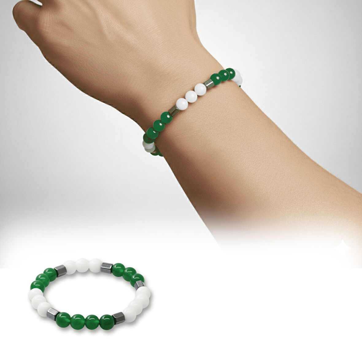 Küre Kesim Yeşil Beyaz Jade Hematit Doğaltaş Erkek Taraftar Bileklik