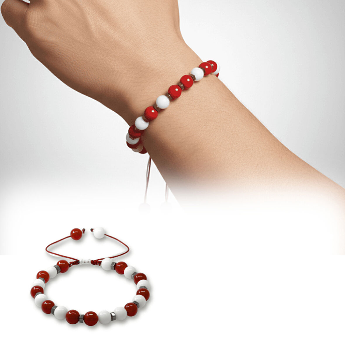 Makrome Örgülü Küre Kesim Kırmızı Beyaz Jade Akik Hematit Doğaltaş Erkek Taraftar Bileklik