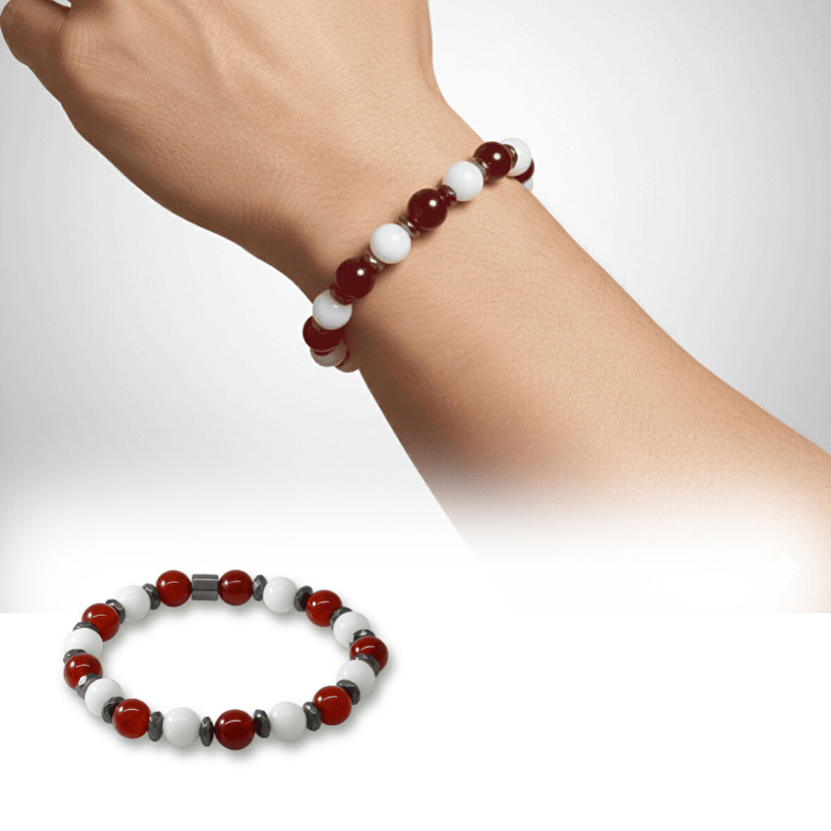 Küre Kesim Kırmızı Beyaz Jade Akik Hematit Doğaltaş Erkek Taraftar Bileklik M2