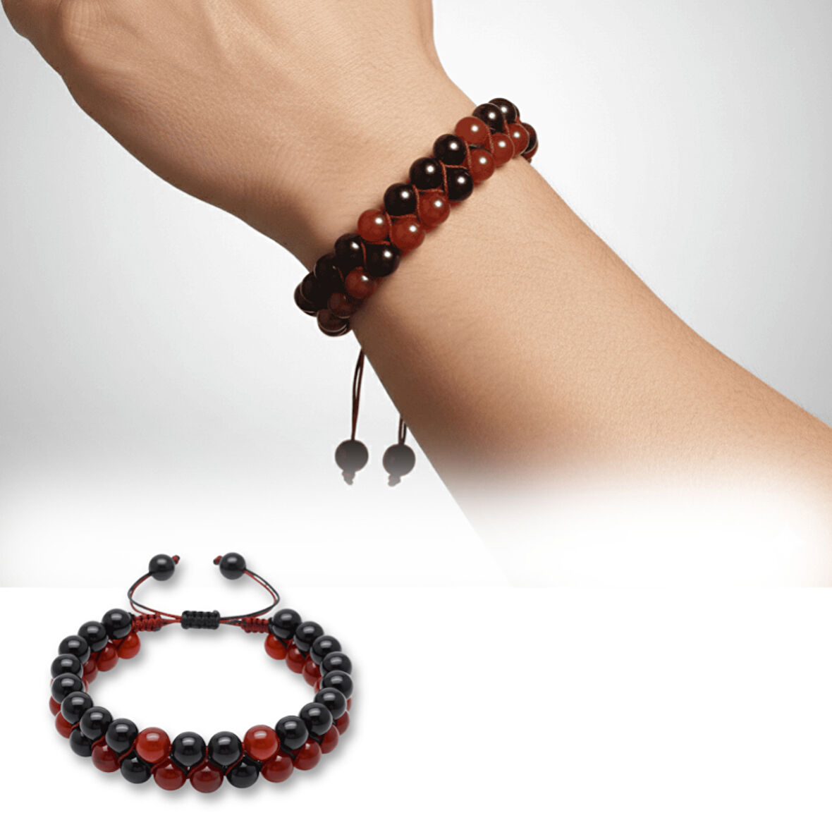 Çift Sıra Makrome Örgülü Küre Kesim Kırmızı Siyah Akik Oniks Doğaltaş Erkek Taraftar Bileklik