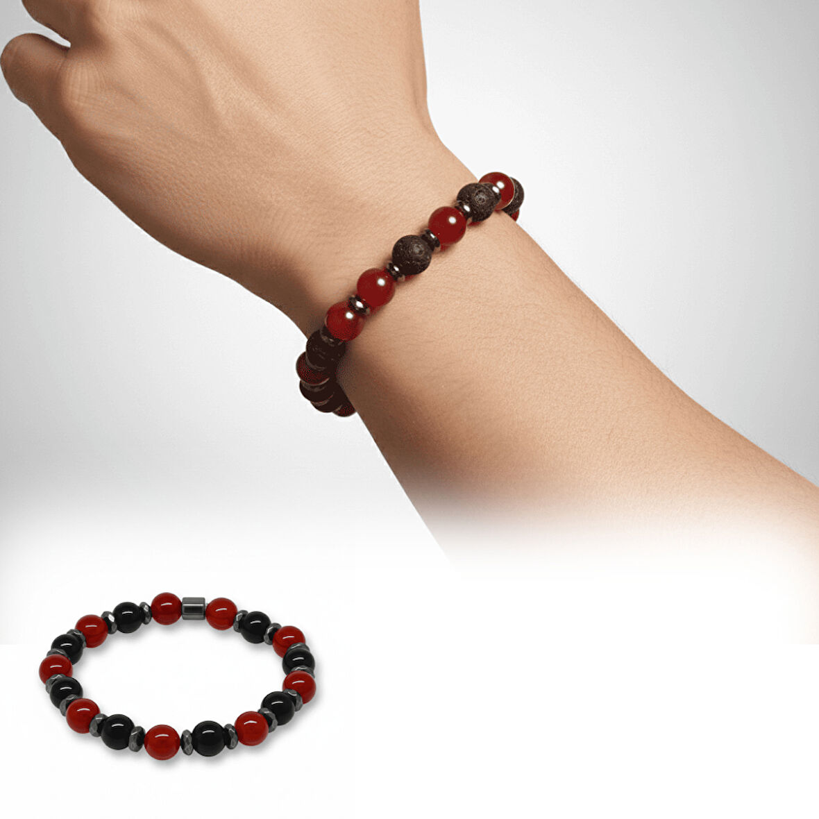 Küre Kesim Kırmızı Siyah Akik Oniks Hematit Doğaltaş Erkek Taraftar Bileklik M2