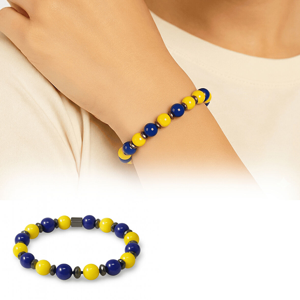 Küre Kesim Sarı Lacivert Jade Hematit Doğaltaş Kadın Taraftar Bileklik M2