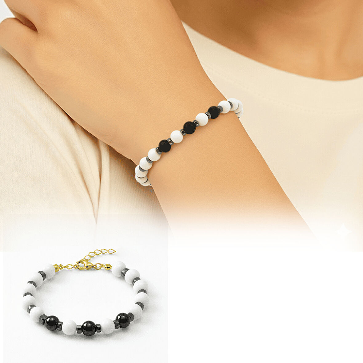 Gold Renk Metal Zincirli Küre Kesim Siyah Beyaz Jade Oniks Hematit Doğaltaş Kadın Taraftar Bileklik