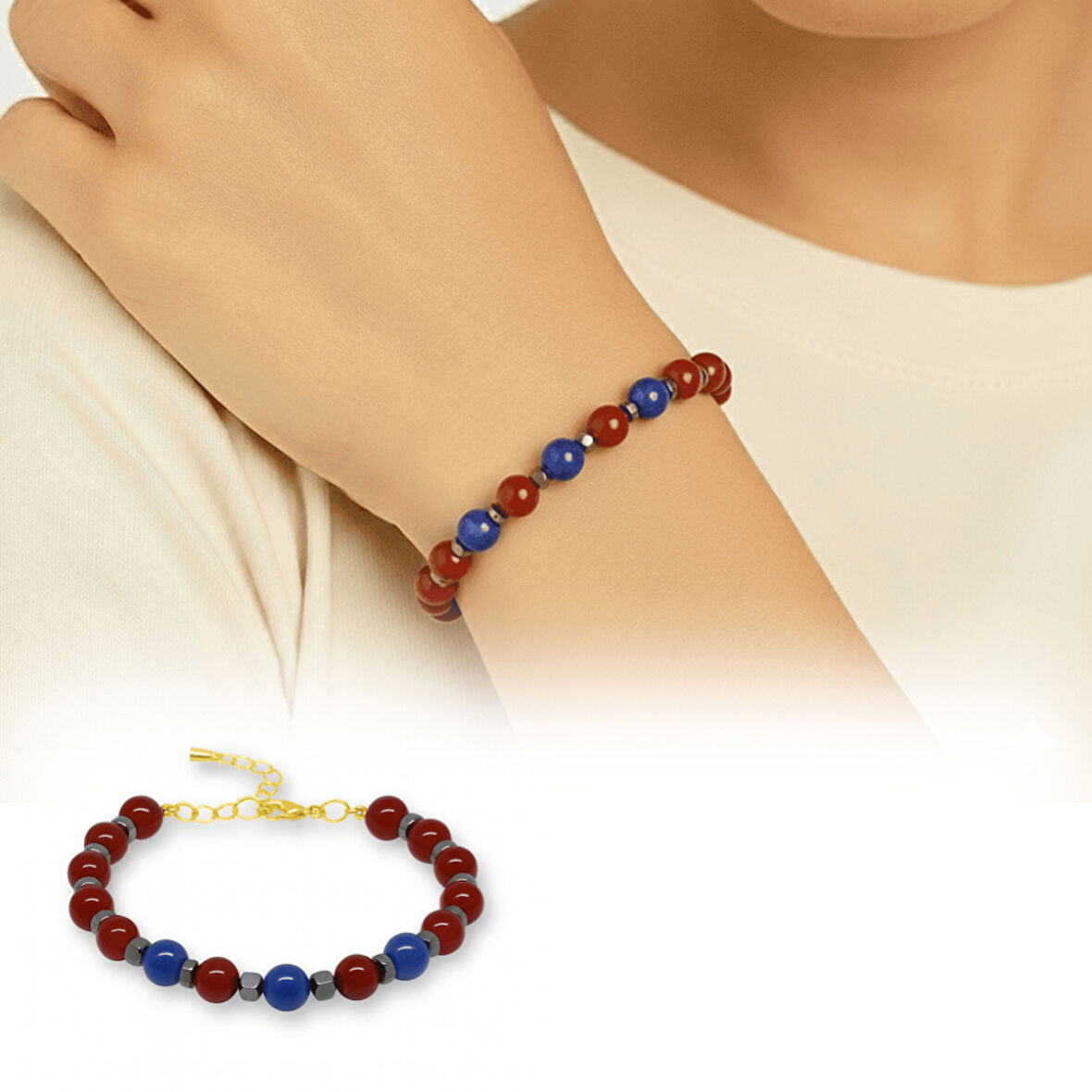 Gold Renk Kararmaz Metal Zincir Küre Kesim Bordo Mavi Jade Hematit Doğaltaş Kadın Taraftar Bileklik