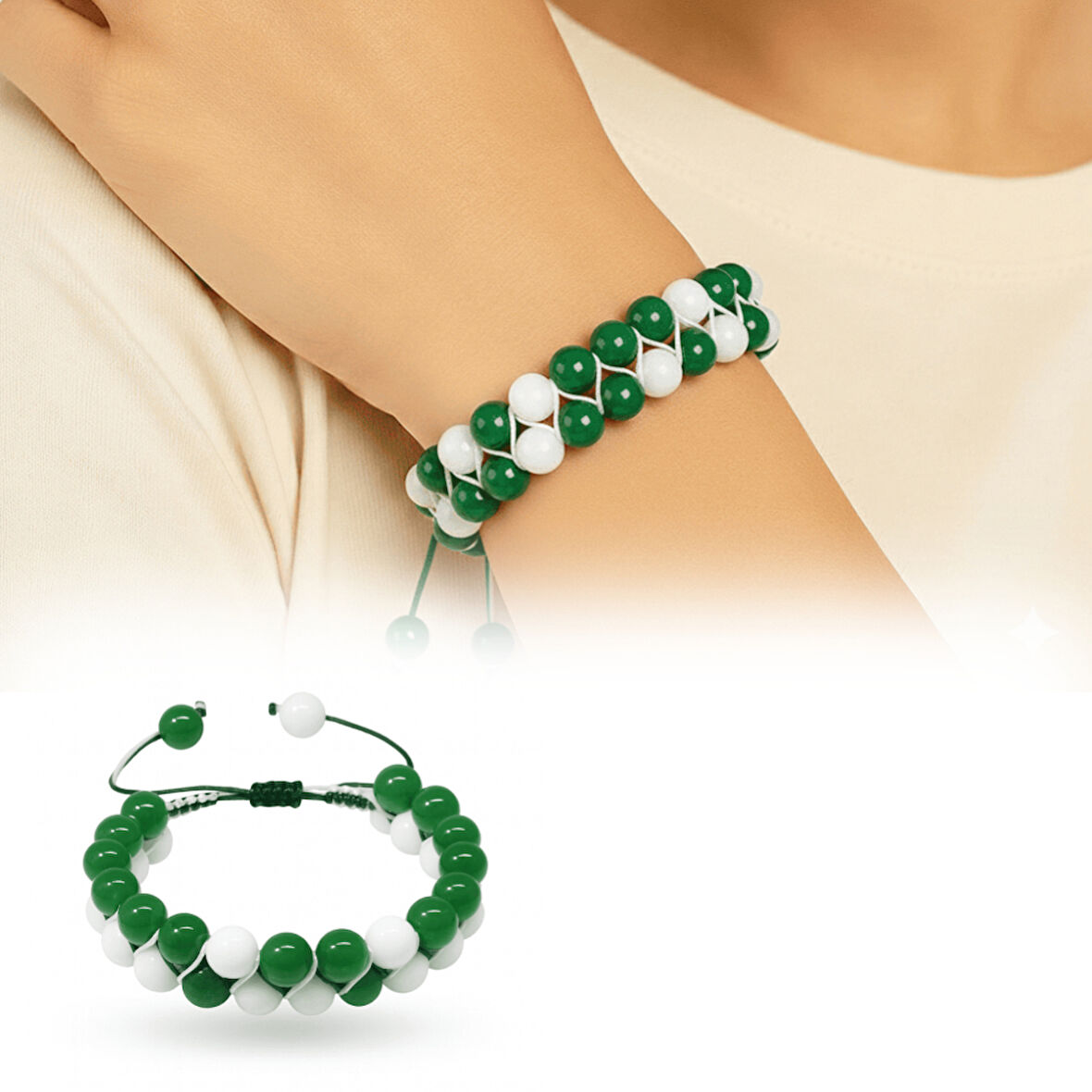 Çift Sıra Makrome Örgülü Küre Kesim Yeşil Beyaz Jade Doğaltaş Kadın Taraftar Bileklik