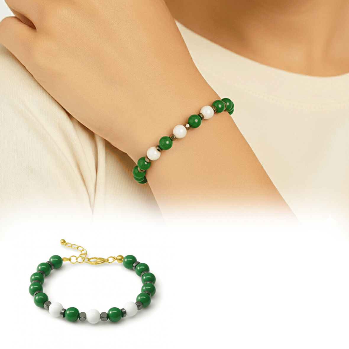 Gold Renk Kararmaz Metal Zincir Küre Kesim Yeşil Beyaz Jade Hematit Doğaltaş Kadın Taraftar Bileklik