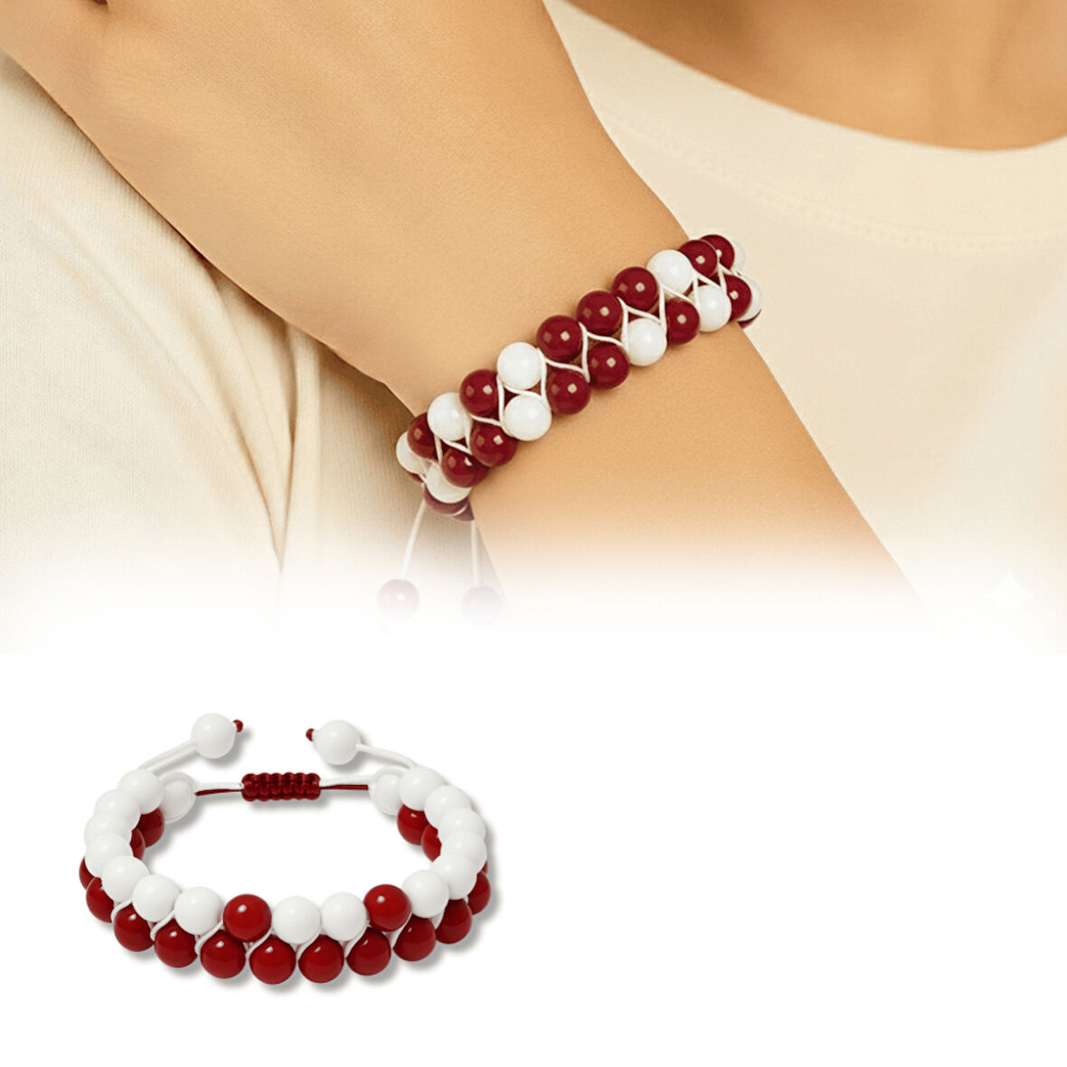 Çift Sıra Makrome Örgülü Küre Kesim Kırmızı Beyaz Jade Akik Doğaltaş Kadın Taraftar Bileklik