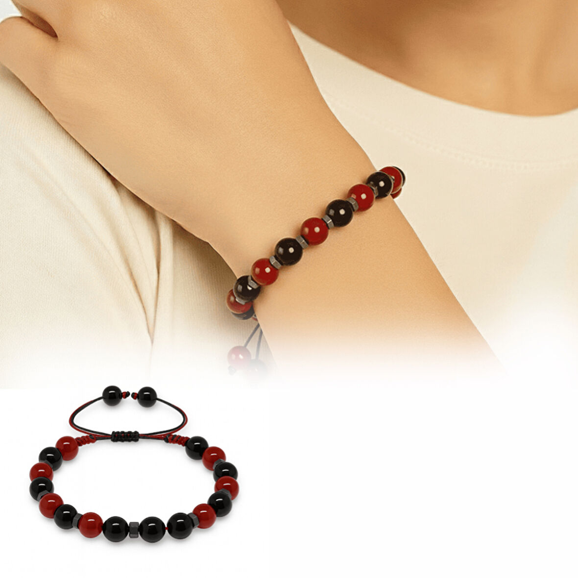 Makrome Örgülü Küre Kesim Kırmızı Siyah Akik Oniks Hematit Doğaltaş Kadın Taraftar Bileklik
