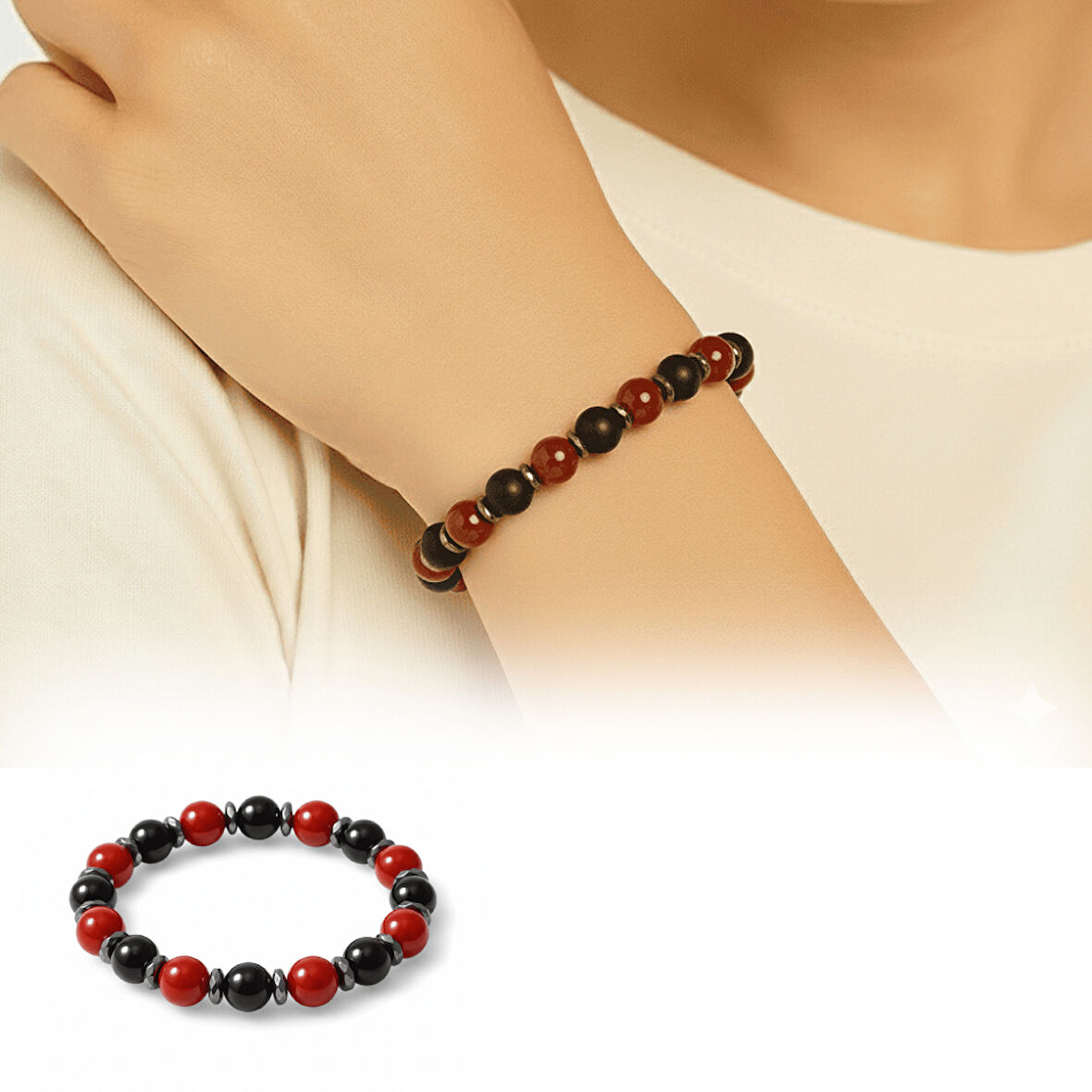 Küre Kesim Kırmızı Siyah Akik Oniks Hematit Doğaltaş Kadın Taraftar Bileklik M2