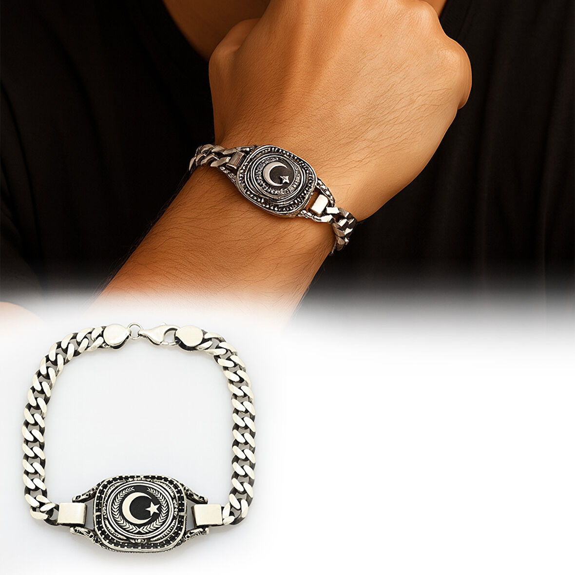 Ayyıldız Temalı Gurmet Zincirli 925 Ayar Gümüş Erkek Bileklik