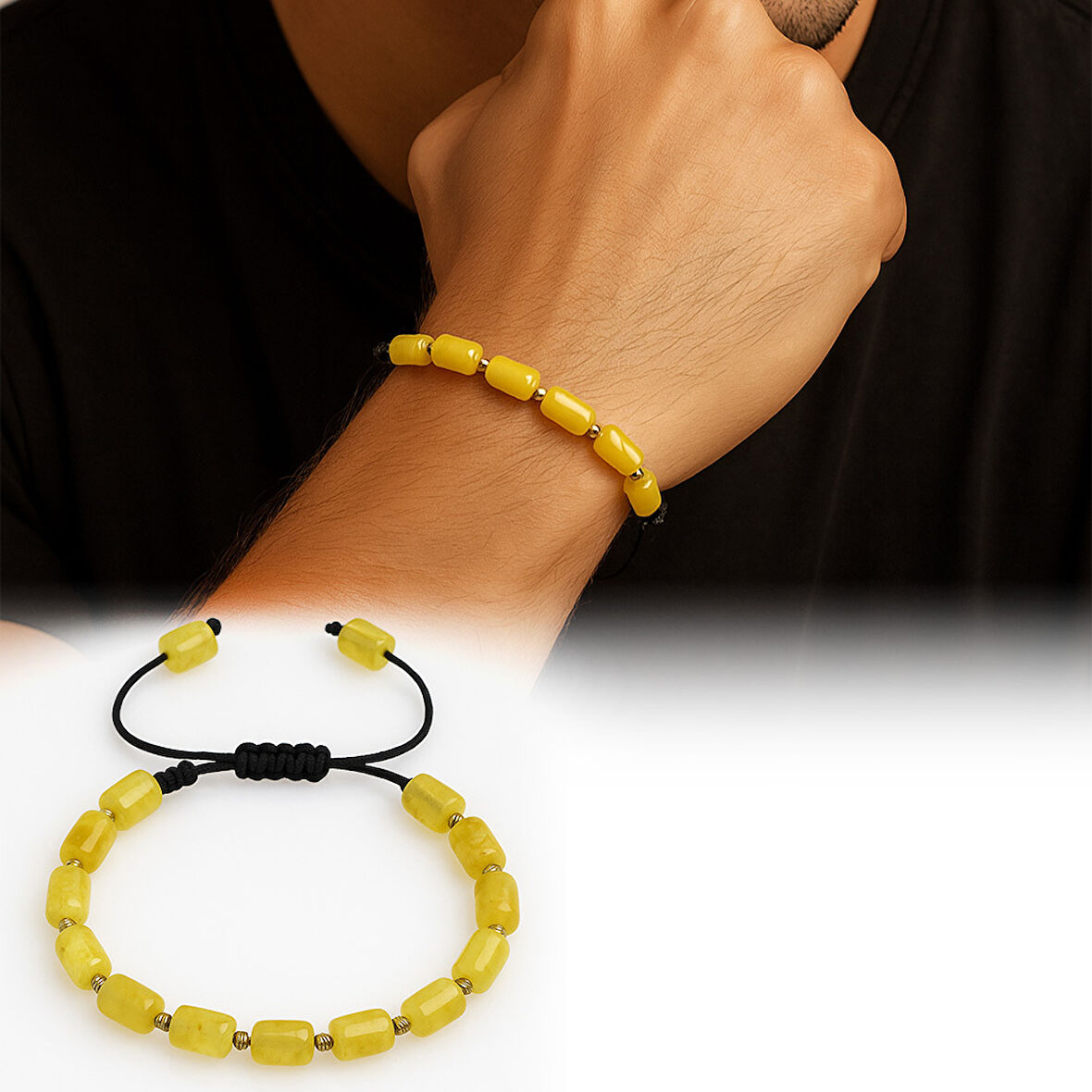 Makrome Örgülü Kapsül Kesim Sarı Beyaz Renkli King Seccer Damla Kehribar Erkek Bileklik