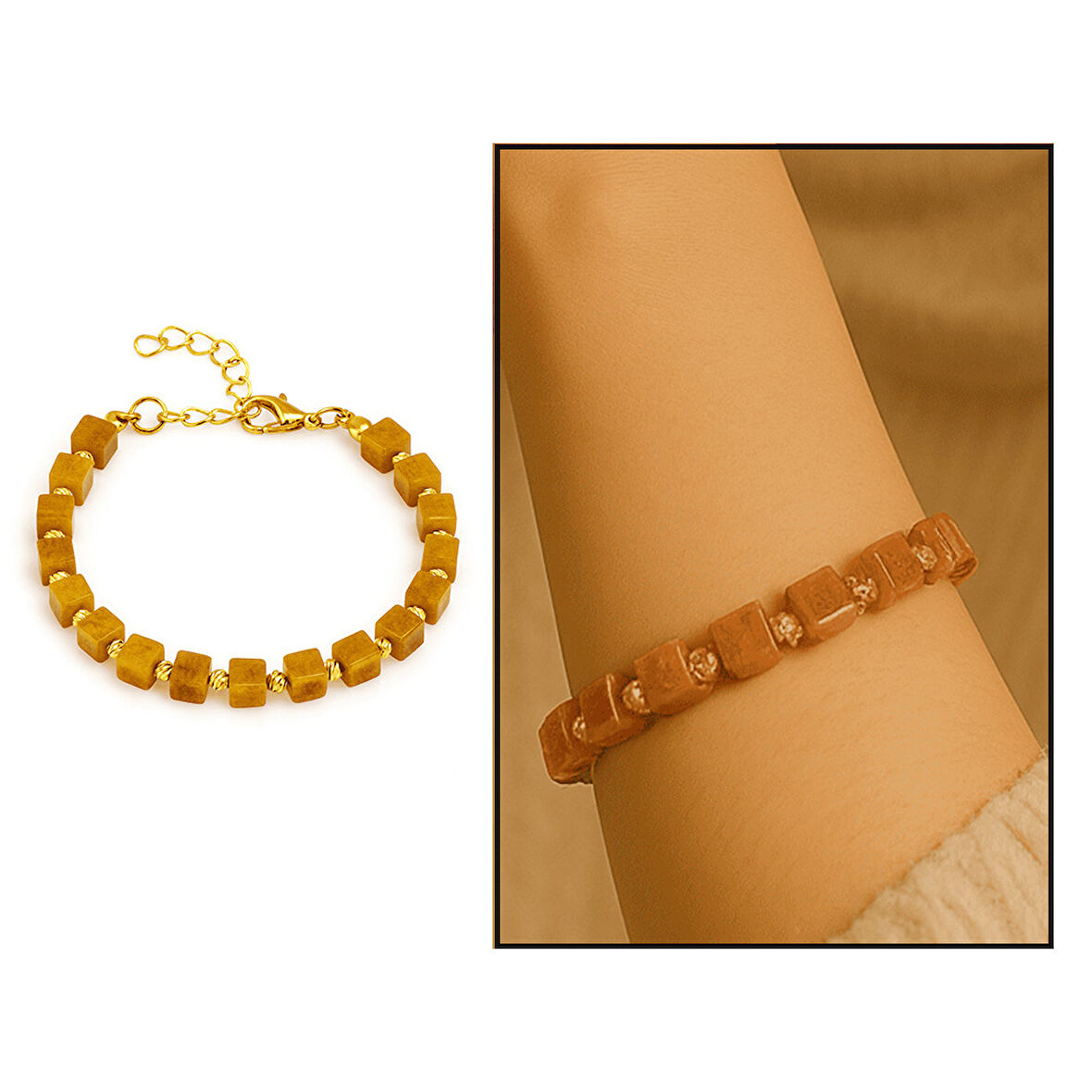 Gold Renk Metal Zincirli Dorika Süslemeli Küp Kesim Hardal Rengi Doğal Damla Kehribar Kadın Bileklik