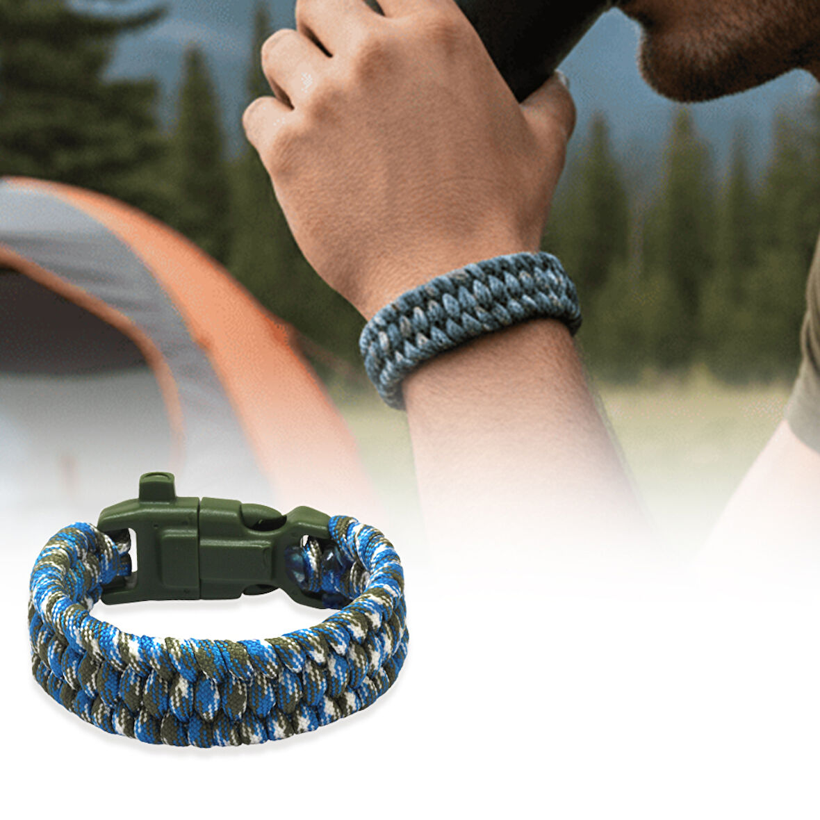 Pusulalı Çakmaklı Taktik Paracord Bileklik - Deniz Kamuflaj Desen - Kamp ve Doğa Sporları İçin