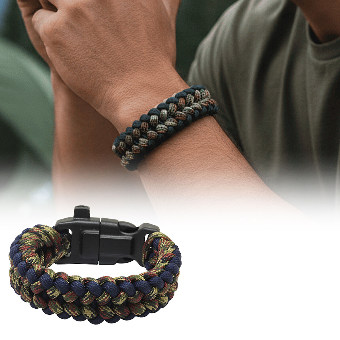 Pusulalı Çakmaklı Taktik Paracord Bileklik - Gece Kamuflaj Desen - Kamp ve Doğa Sporları İçin