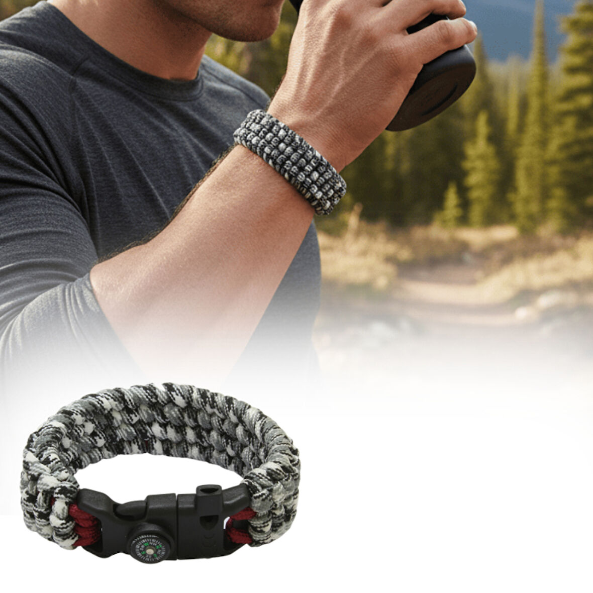 Pusulalı Çakmaklı Taktik Paracord Bileklik - Monokrom Kamuflaj Desen - Kamp ve Doğa Sporları İçin