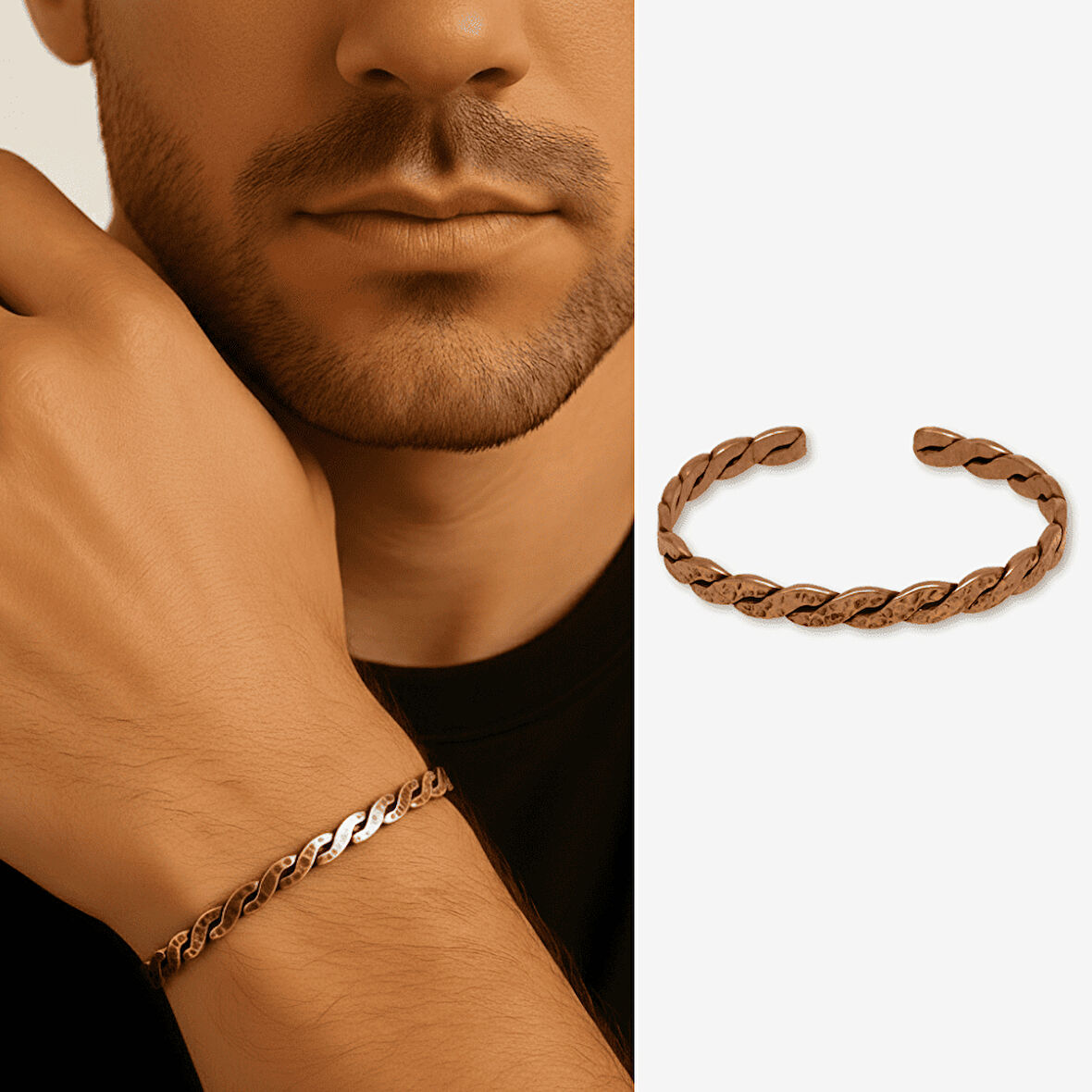 Erkek Bakır Bileklik - Taşlamalı Burma Model - Otantik Tasarım - Ayarlanabilir Yapı