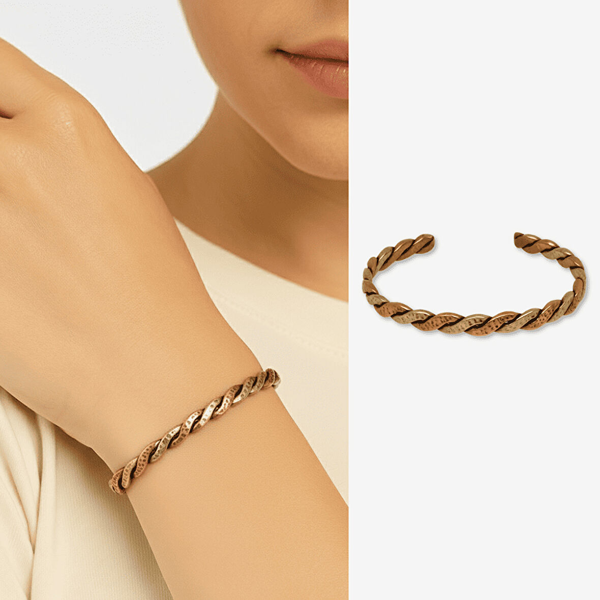 Kadın Bakır Pirinç Bileklik - Taşlamalı Burma Model - Otantik Tasarım - Ayarlanabilir Yapı