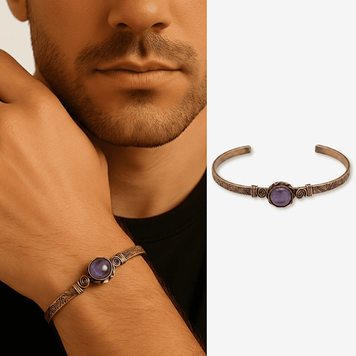 Erkek Bakır Bileklik - Ametist Doğaltaşlı - Otantik Tasarım - Ayarlanabilir Yapı