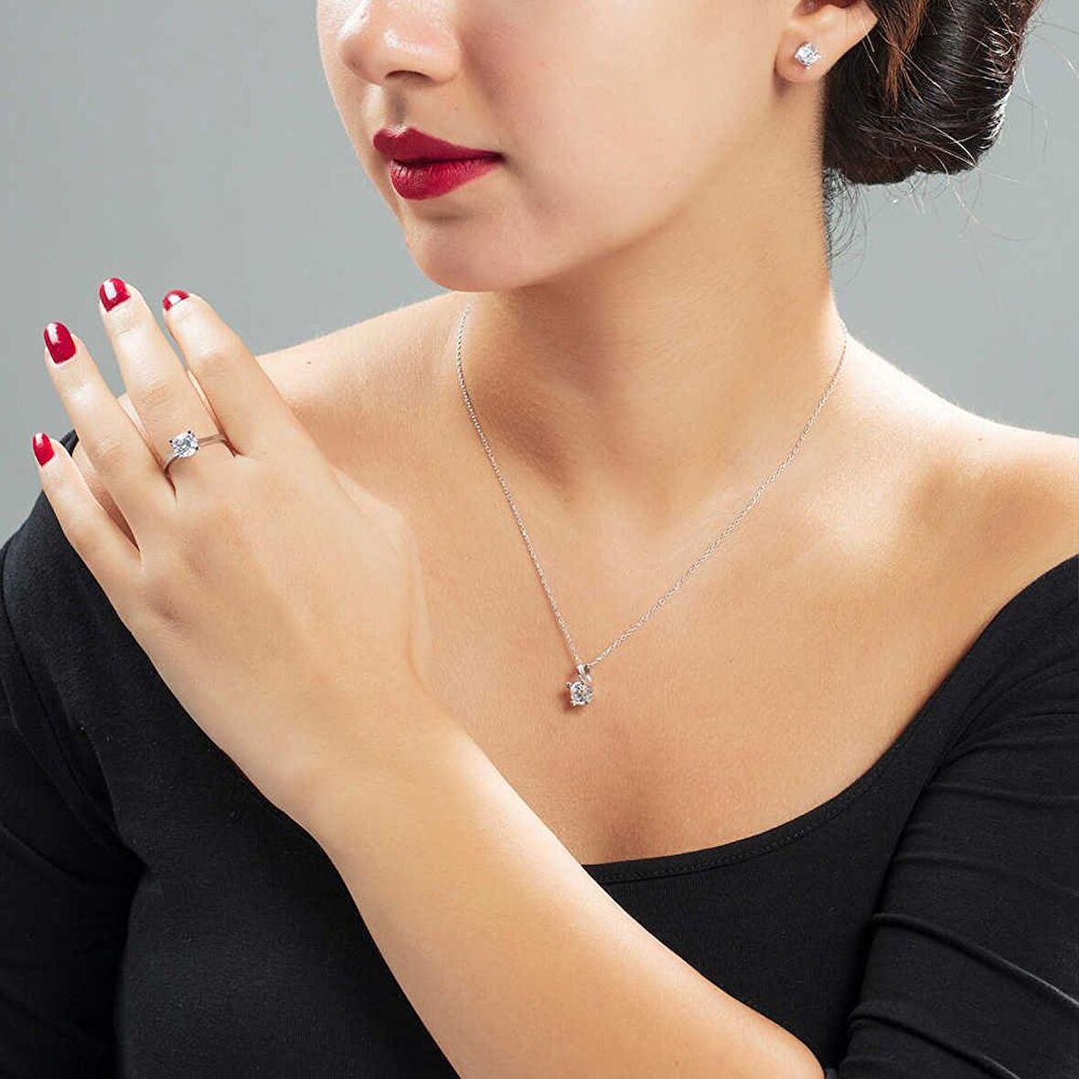 Starlight Diamond Pırlanta Montür "U" Tektaş 925 Ayar Gümüş 3'lü Takı Seti