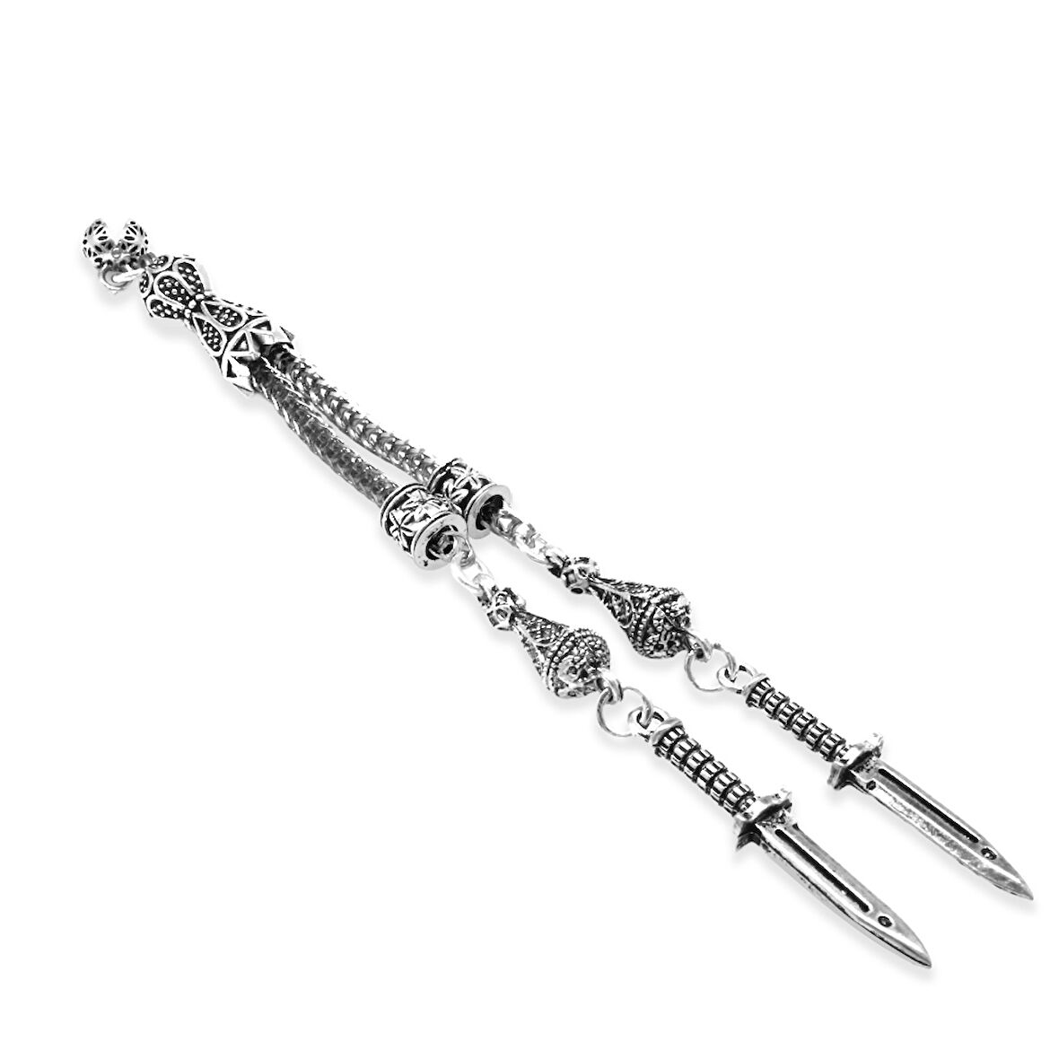 Süngü Temalı Foxtail Zincirli Çift Kamçılı Kararmaz Metal Püskül