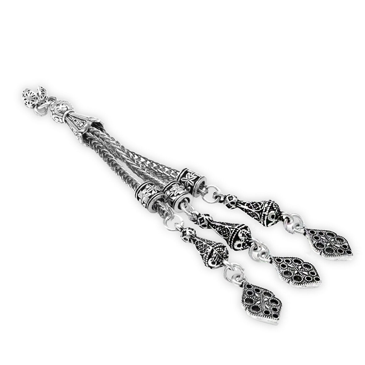 Altıgen Anadolu Motifi Temalı Foxtail Zincirli Üç Kamçılı Kararmaz Metal Püskül