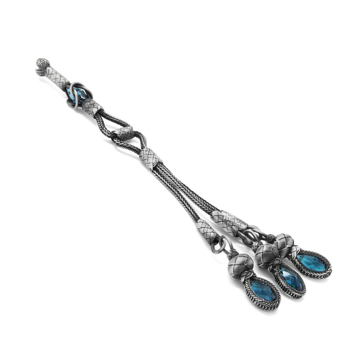 Turkuaz Zirkon Taşlı 3'lü Uzun Model 1000 Ayar Gümüş Kazaz Püskül