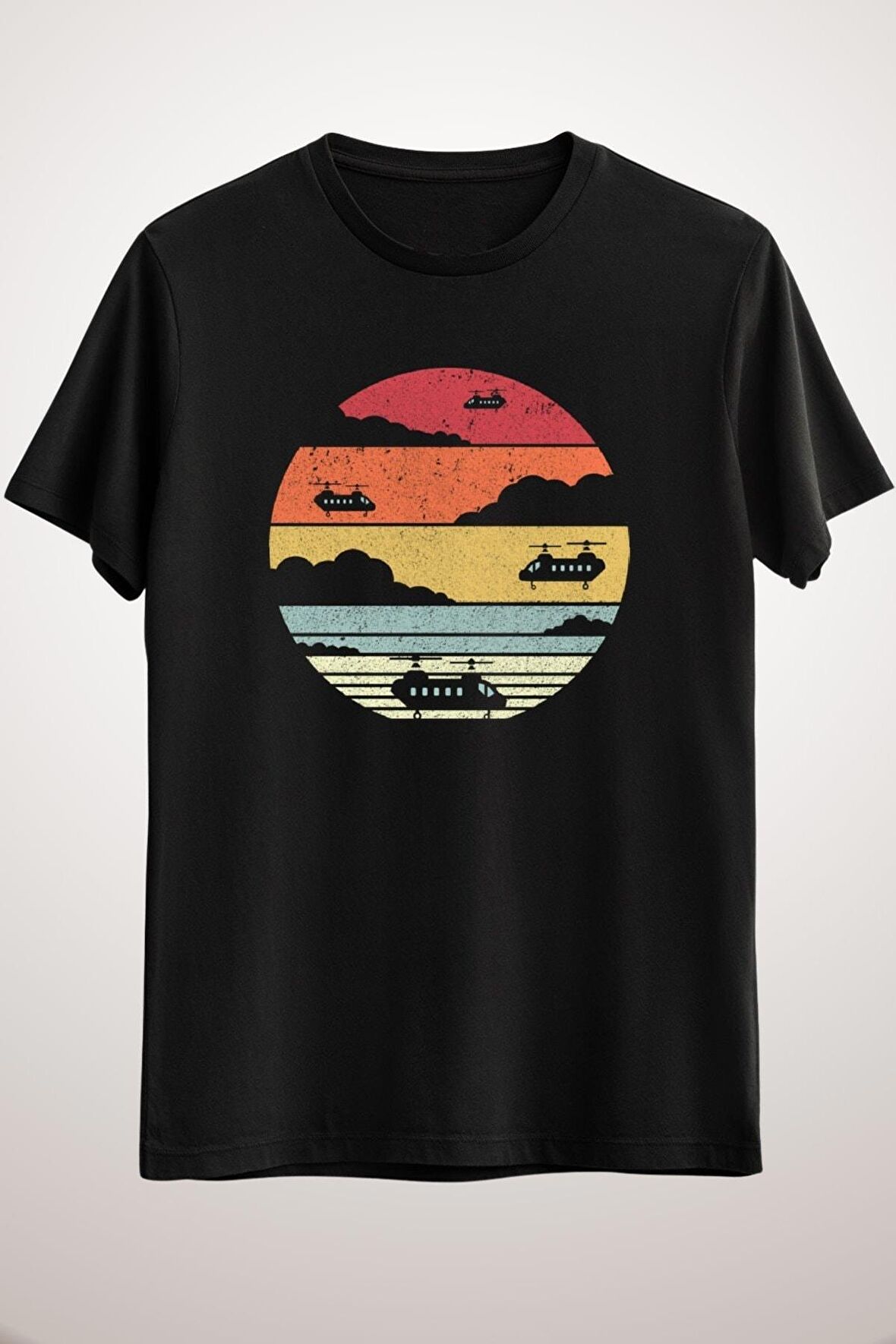 Erkek Siyah Chinook Helicopters Product. Retro Style Pilot Print