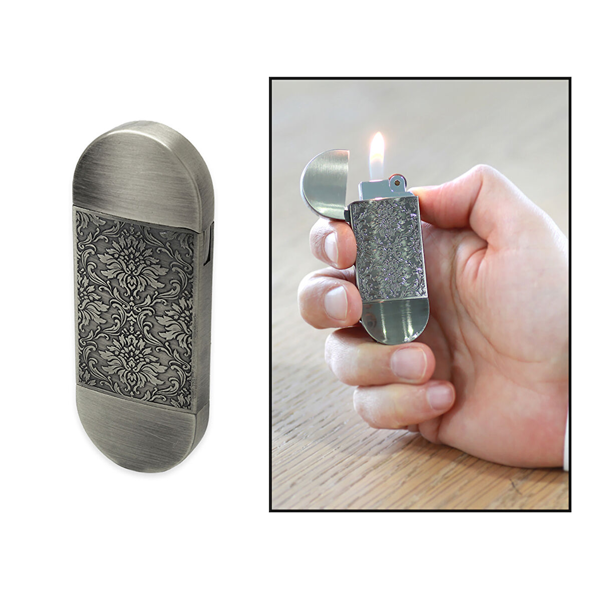 Kişiye Özel İsim Yazılı Sarmaşık İşlemeli Oval Tasarım Antik Gümüş Renk Taşlı Çakmak