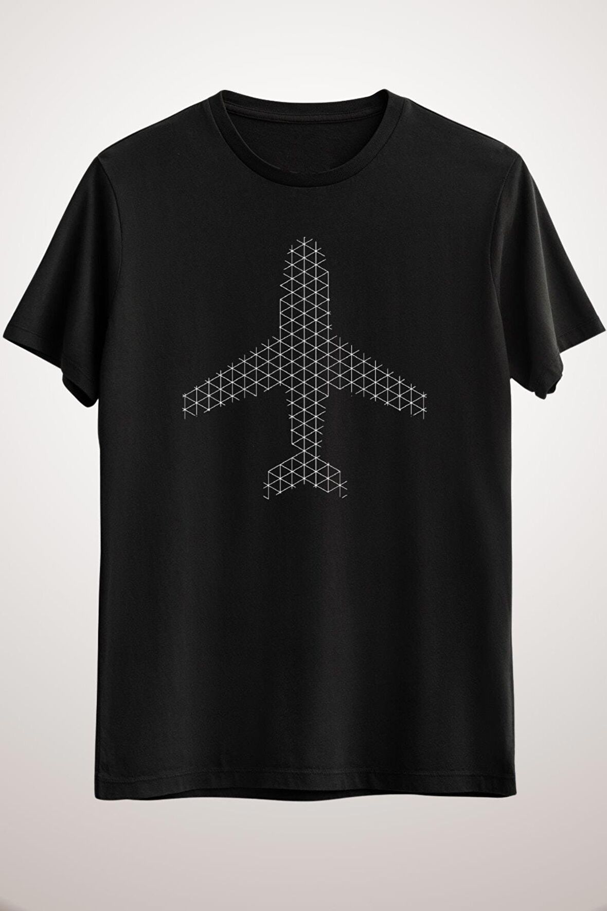 Erkek Siyah Plane Silhouette With Vector Grid Lines T-Shirt