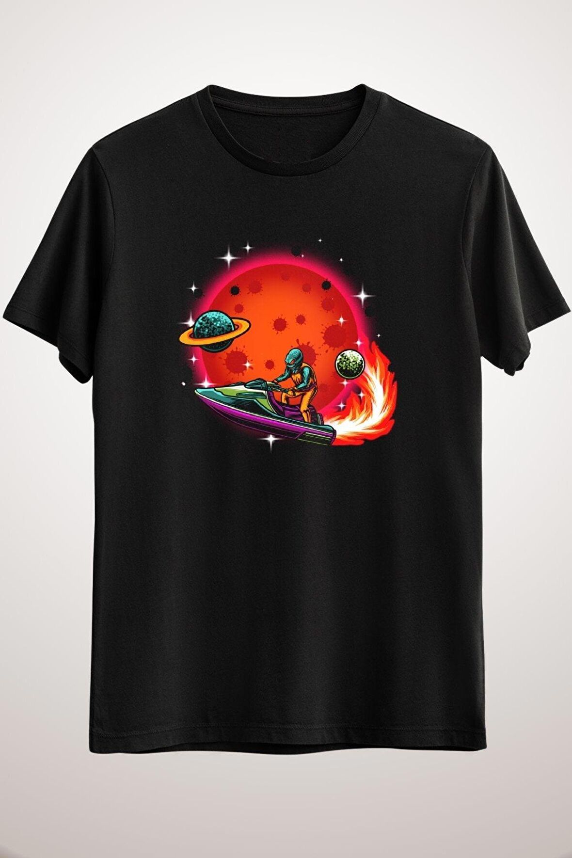 Erkek Siyah The Journey In Space  T-Shirt