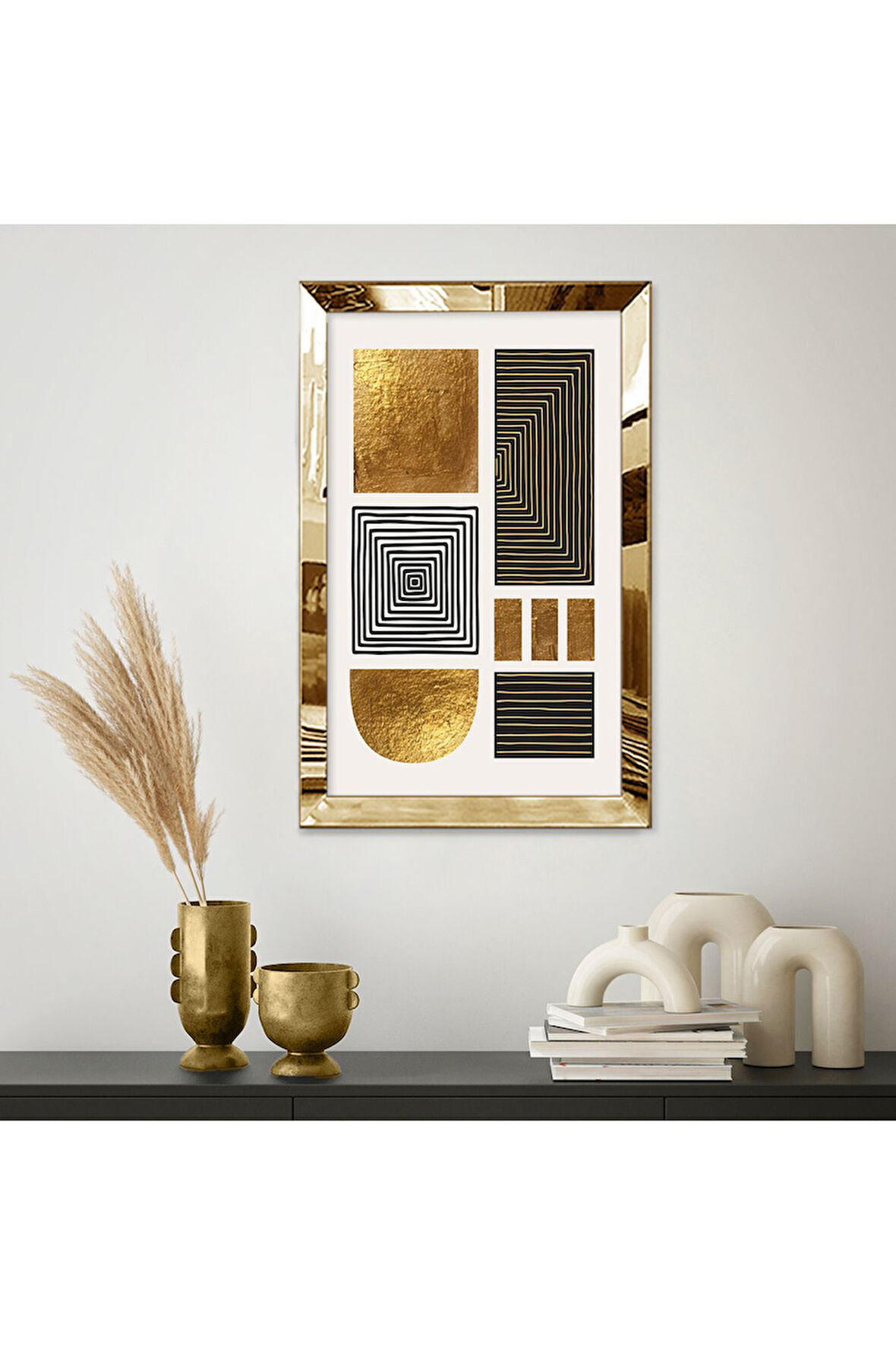 Gold Aynalı Pleksi Çerçeveli Çizgili Geometrik Blok Tasarım Mdf Tablo