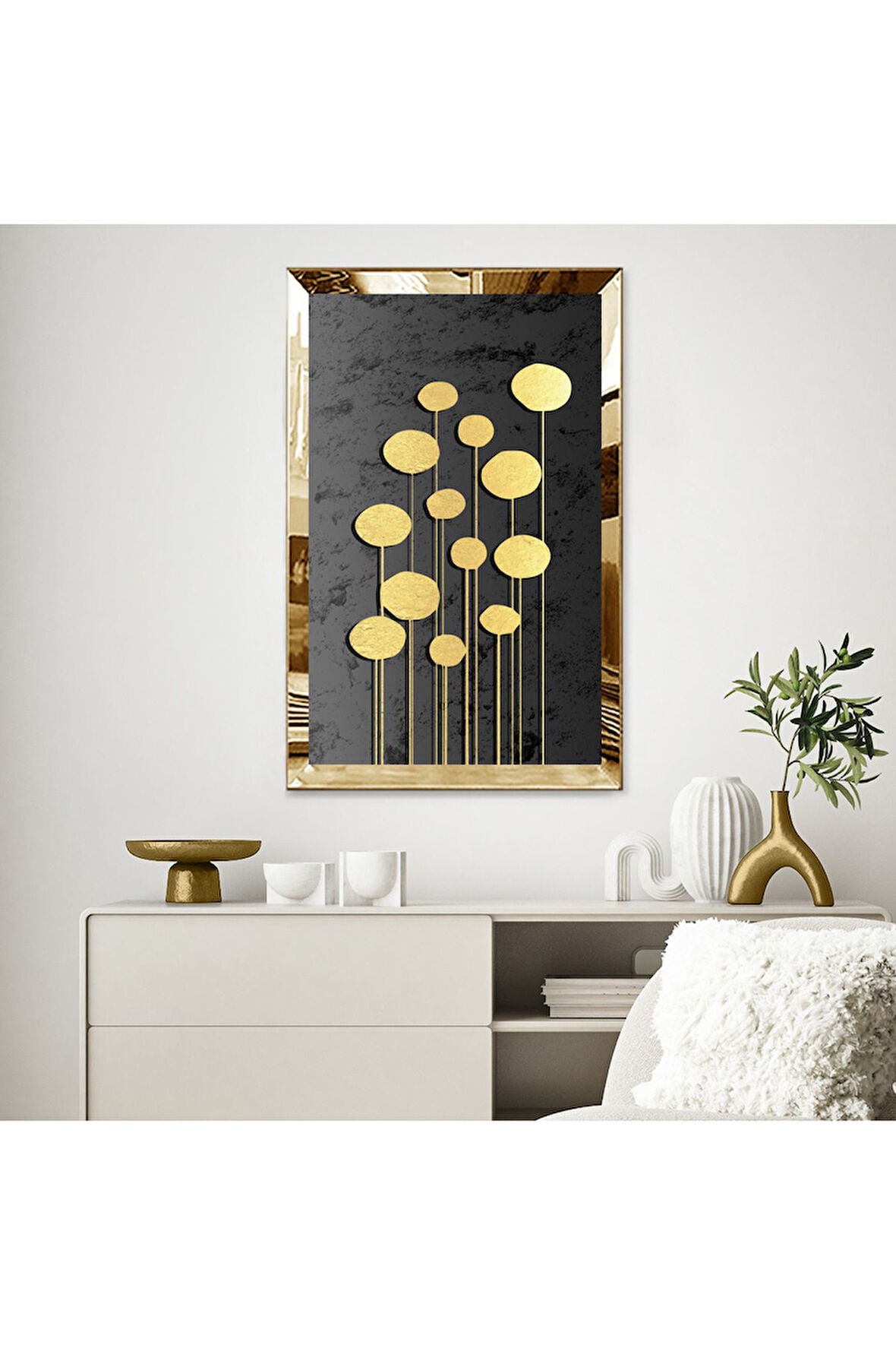 Gümüş Aynalı Pleksi Çerçeveli Modern Altın Renkli Çiçekler Mdf Tablo
